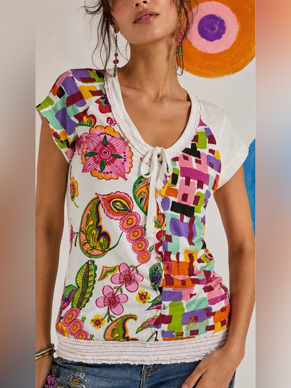 NWT Desigual Floral Patchwork Tie Neck Top XS 100% Cotton Boho Y2K